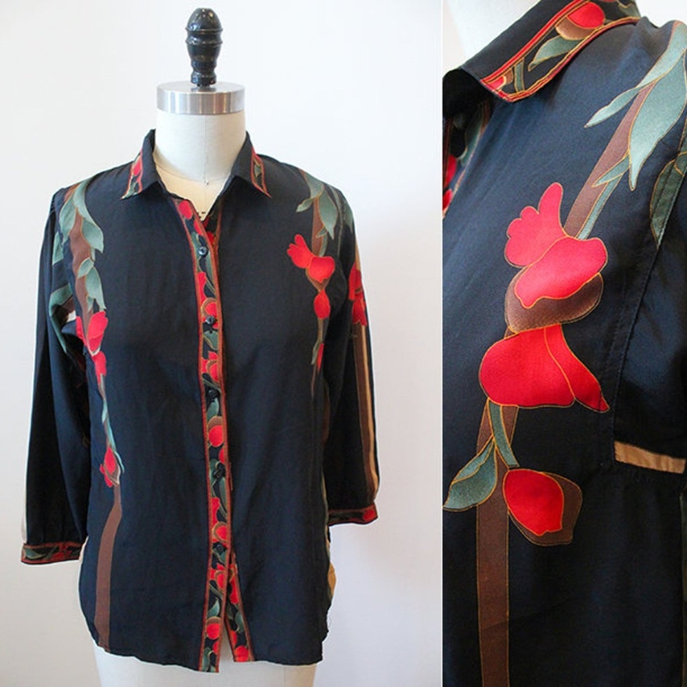 Vtg 70s Gucci-esque Retro Collared Floral Blouse